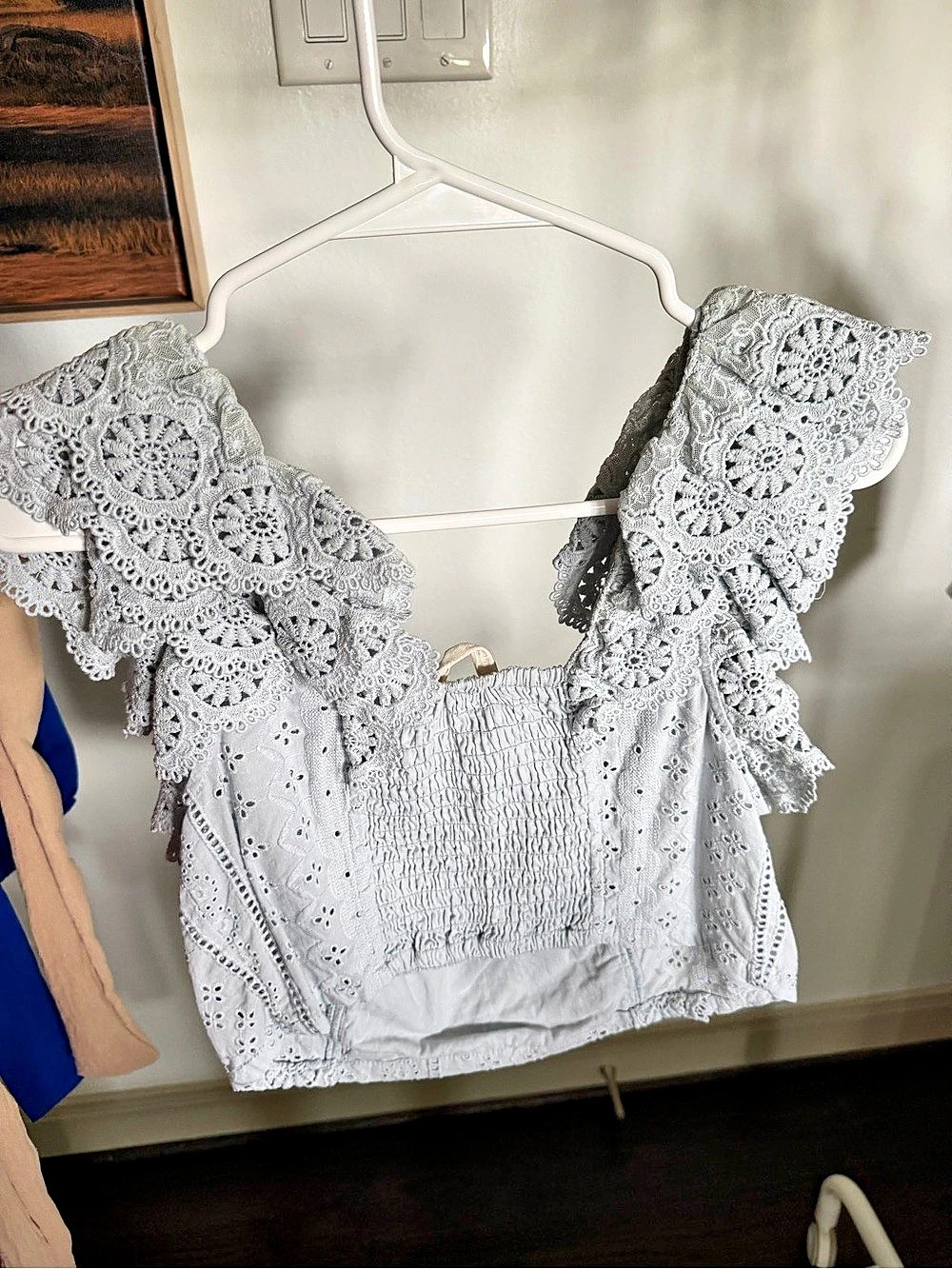 Gray Eyelet Lace Ruffle Sleeve Top